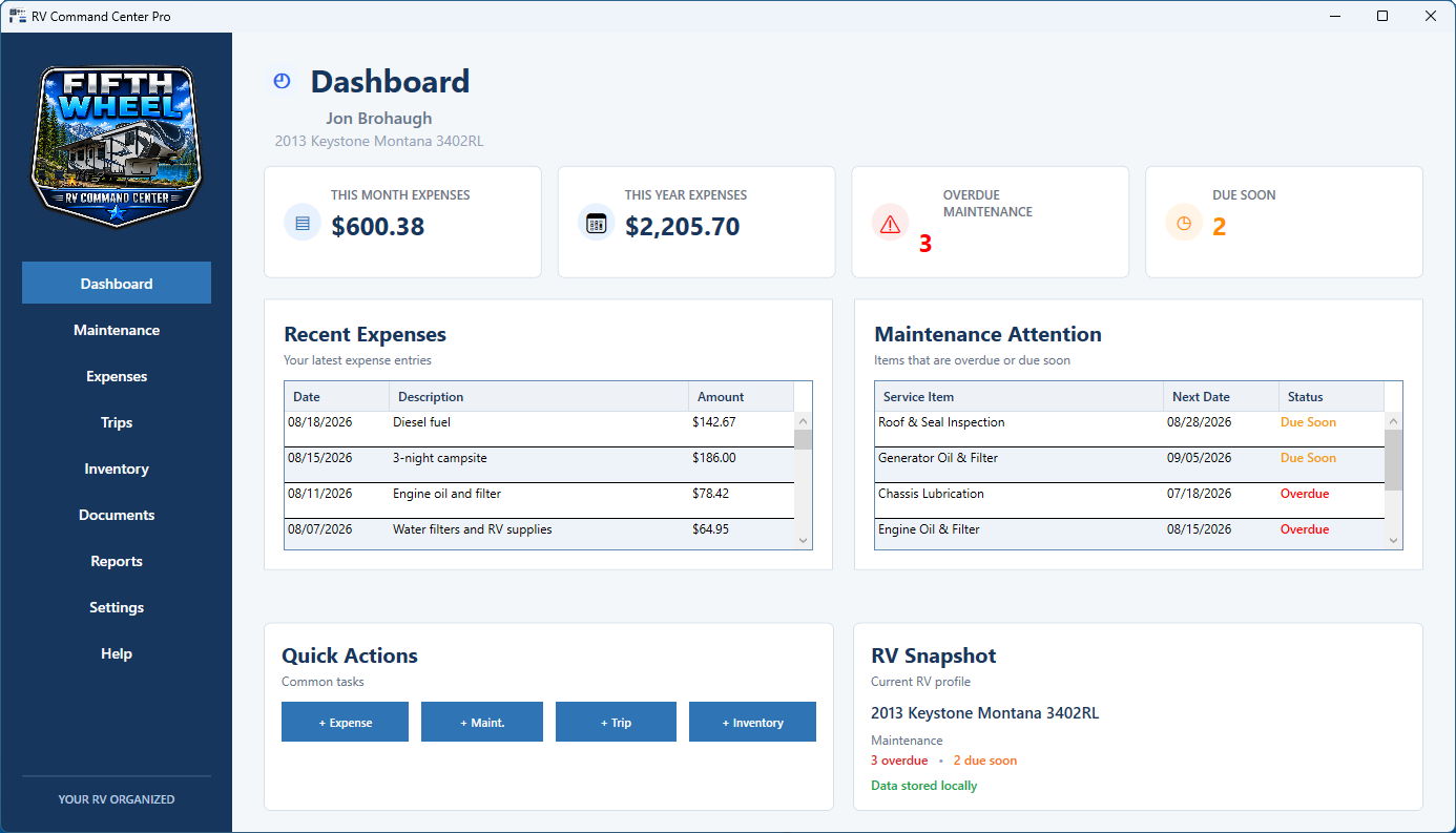 Actual RV Command Center Pro dashboard showing expenses, maintenance alerts, and RV information